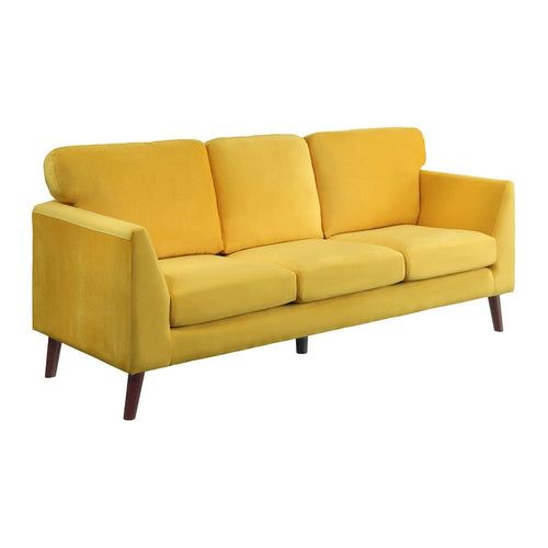 Canapé Bard de 81 pouces, velours jaune, coussins réversibles, bois brun foncé