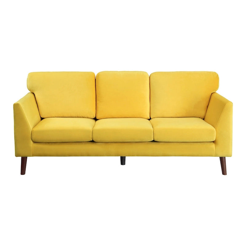 Canapé Bard de 81 pouces, velours jaune, coussins réversibles, bois brun foncé