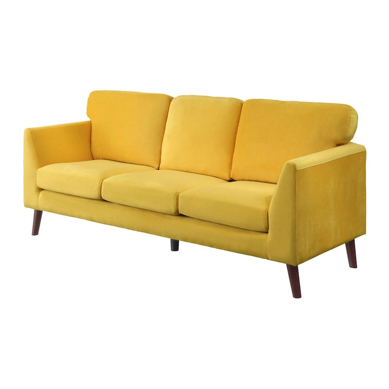 Canapé Bard de 81 pouces, velours jaune, coussins réversibles, bois brun foncé