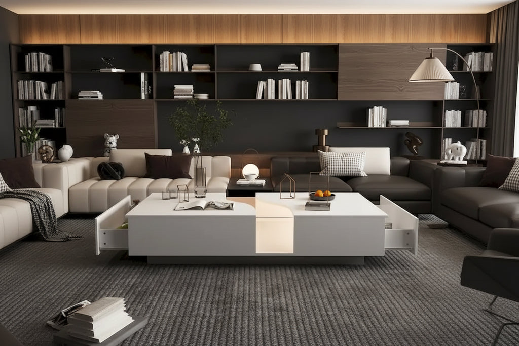 Luminous Chic: White Dual-Drawer Coffee Table with LED Display Top