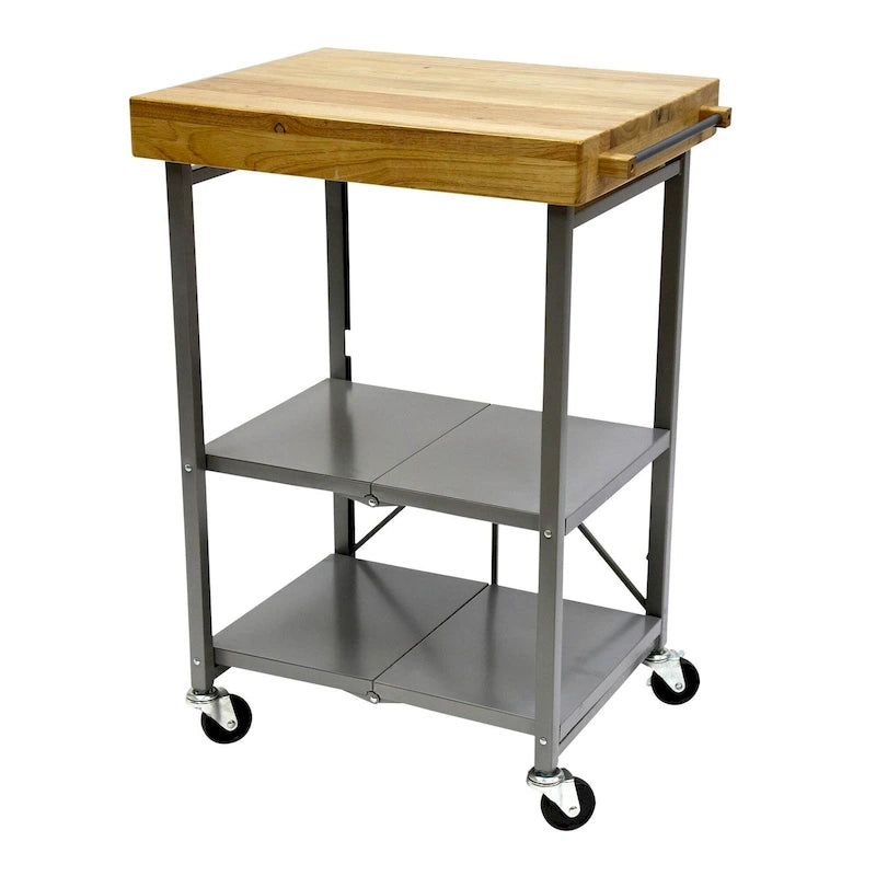 Dessus en bois massif pliable à roulettes Origami, îlot de cuisine portable, chariot de bar, argent