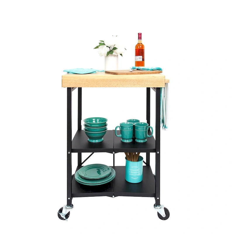 Dessus en bois massif pliable à roulettes Origami, îlot de cuisine portable, chariot de bar, argent
