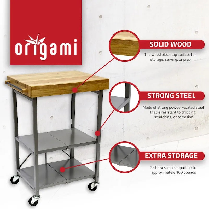 Dessus en bois massif pliable à roulettes Origami, îlot de cuisine portable, chariot de bar, argent
