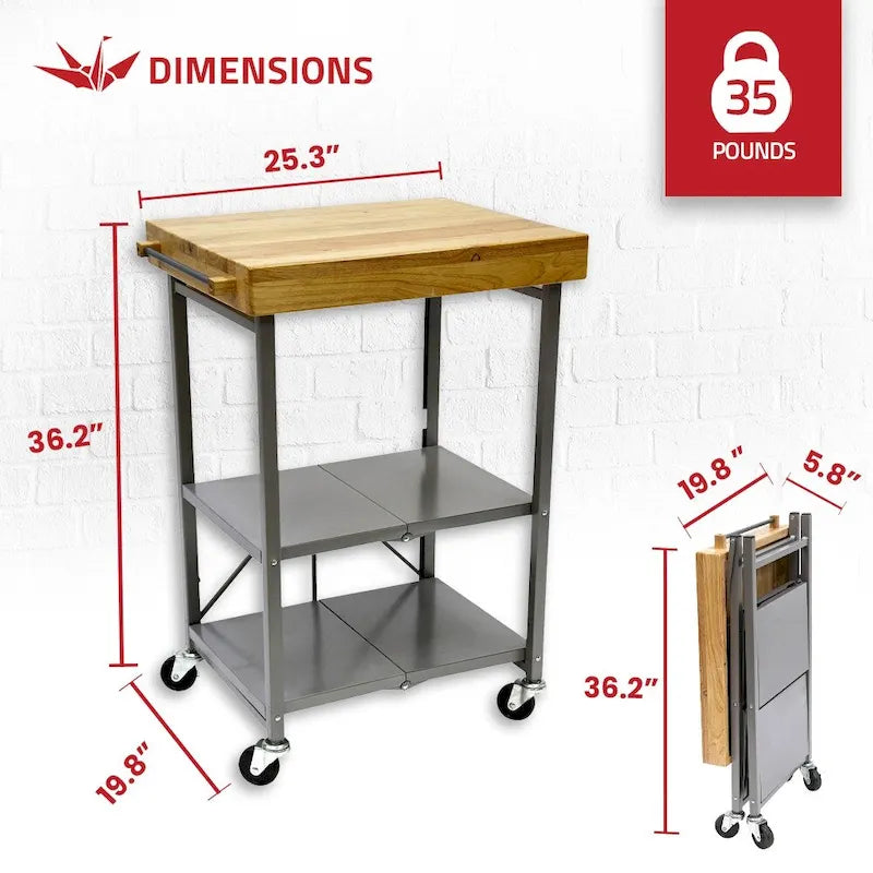 Dessus en bois massif pliable à roulettes Origami, îlot de cuisine portable, chariot de bar, argent