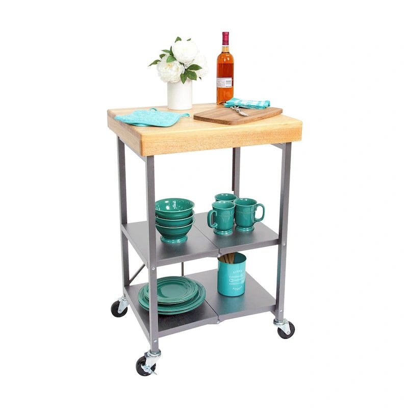 Dessus en bois massif pliable à roulettes Origami, îlot de cuisine portable, chariot de bar, argent