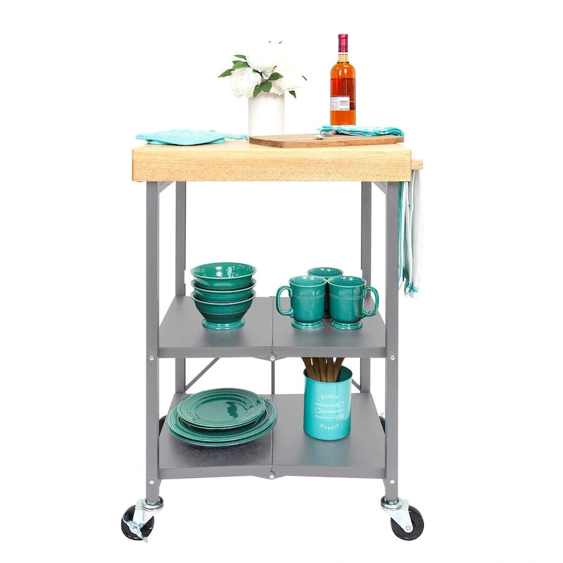Dessus en bois massif pliable à roulettes Origami, îlot de cuisine portable, chariot de bar, argent