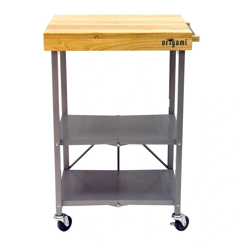 Dessus en bois massif pliable à roulettes Origami, îlot de cuisine portable, chariot de bar, argent