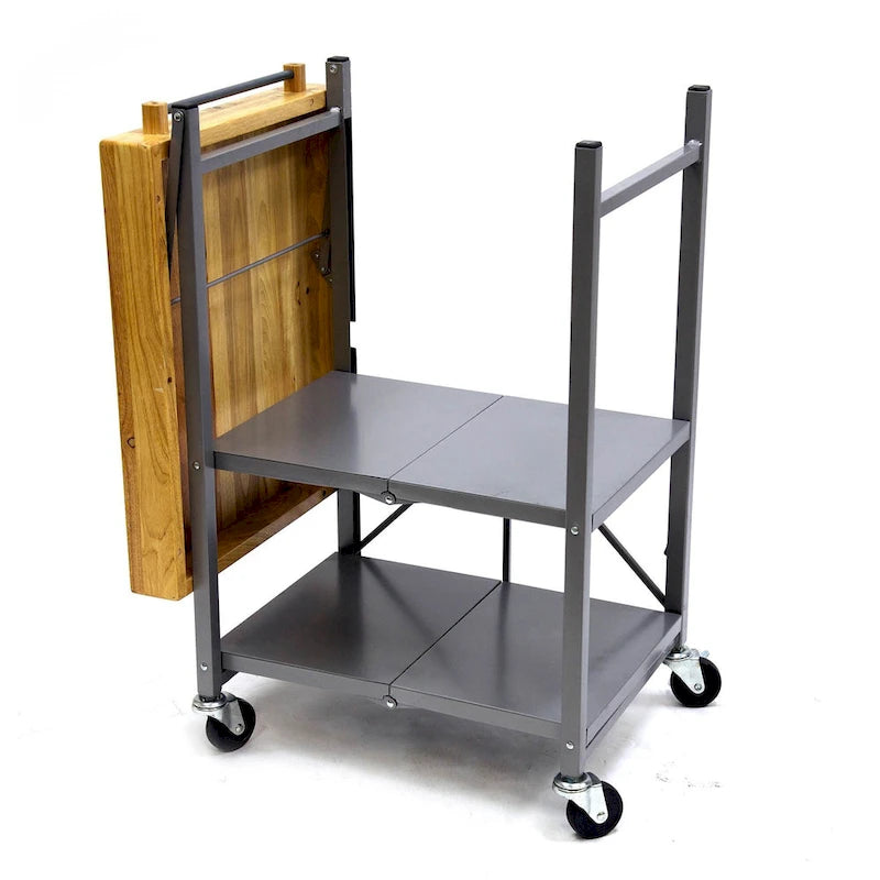 Dessus en bois massif pliable à roulettes Origami, îlot de cuisine portable, chariot de bar, argent