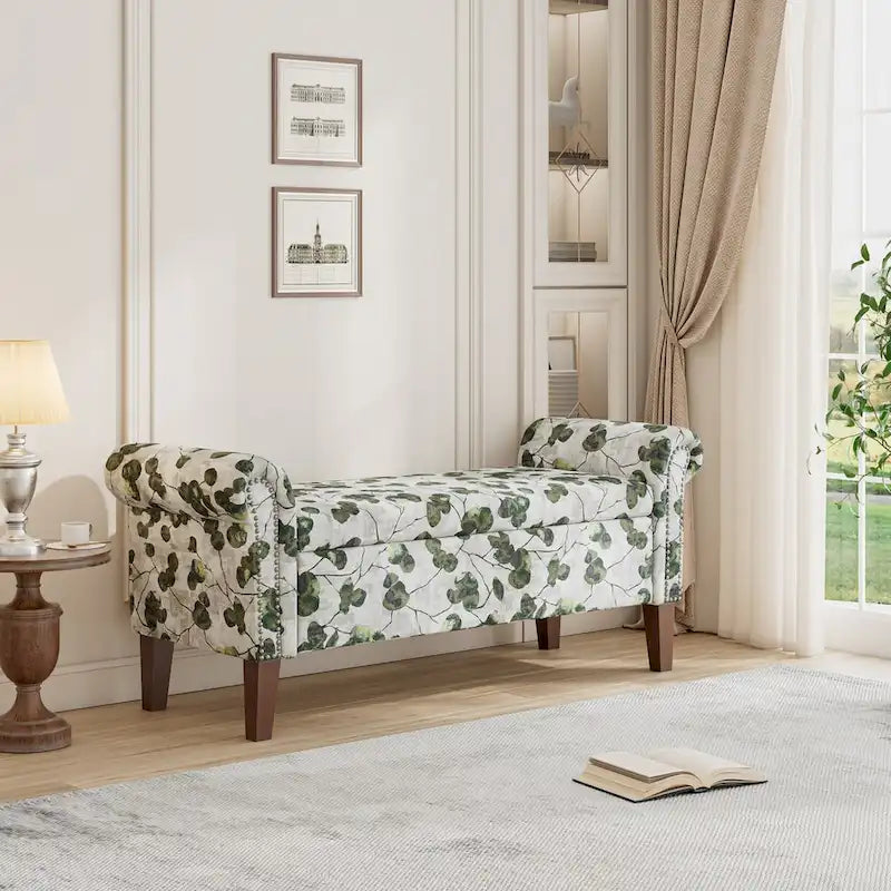 Banc de rangement ottoman Wallen avec accoudoirs arrondis traditionnels et clous décoratifs